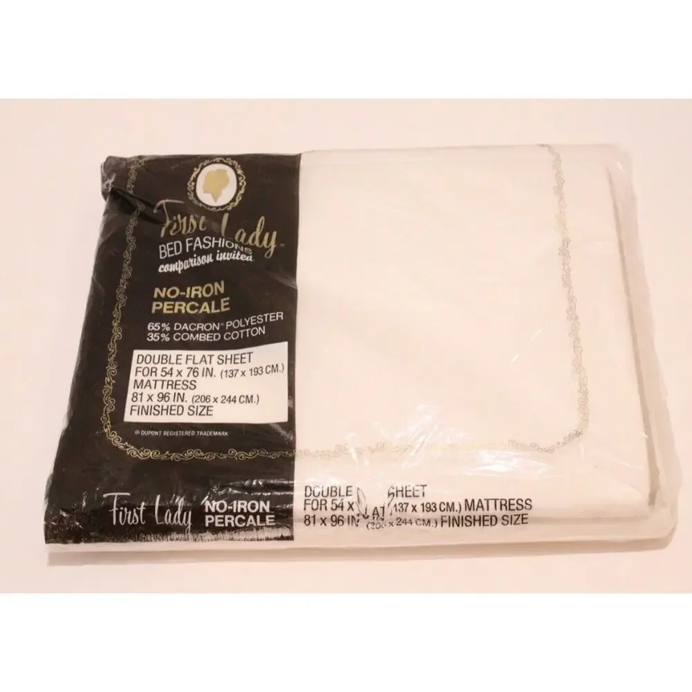 First Lady White Double Full Size Flat Sheet Percale No Iron 81x96 NEW
